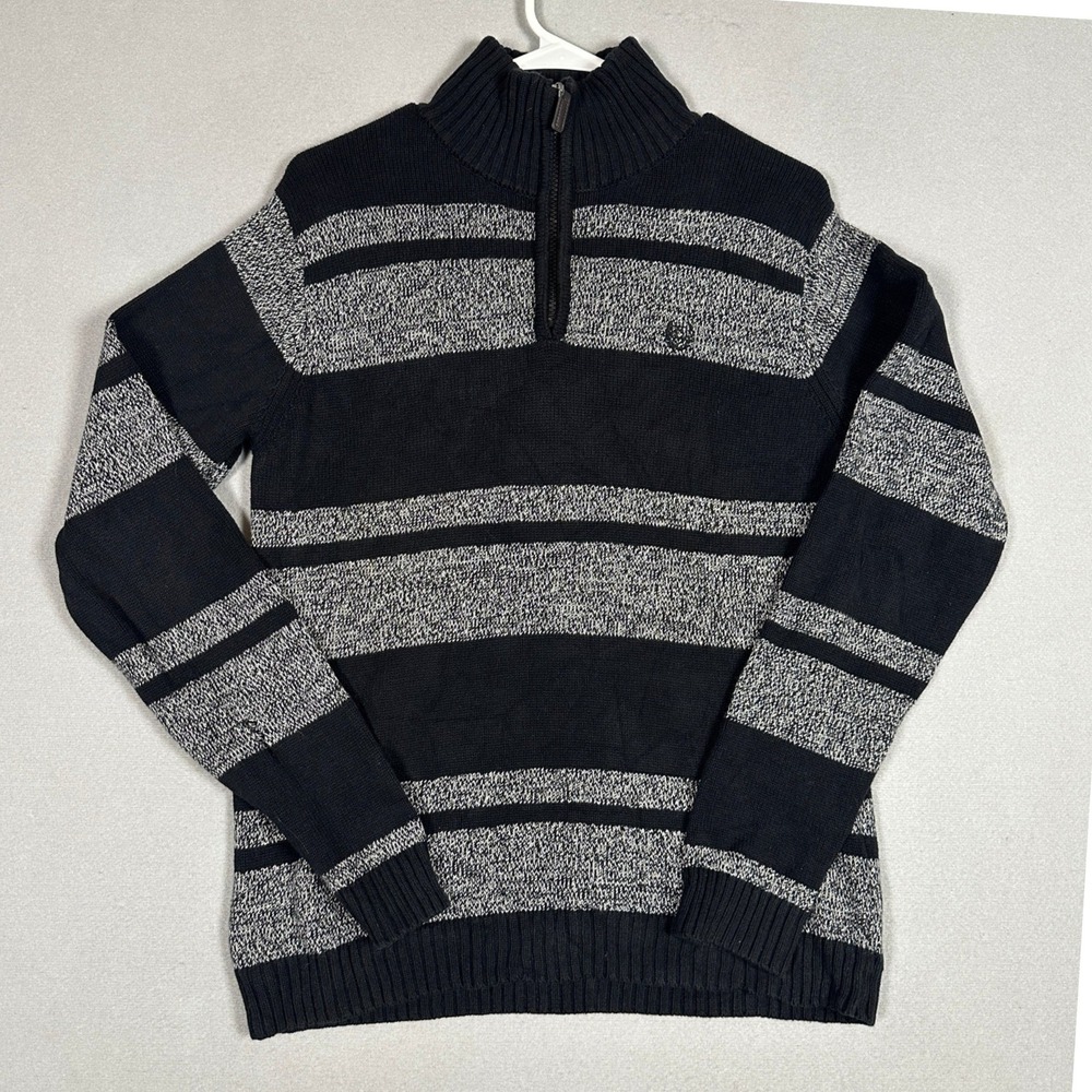 Chaps Sweater Kids Boys Large 14-16 Quarter Zip Black Gray Striped Knit Pullover
